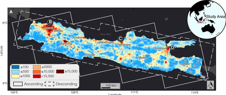 Land subsidence on Java Island and its contributions to relative sea level change