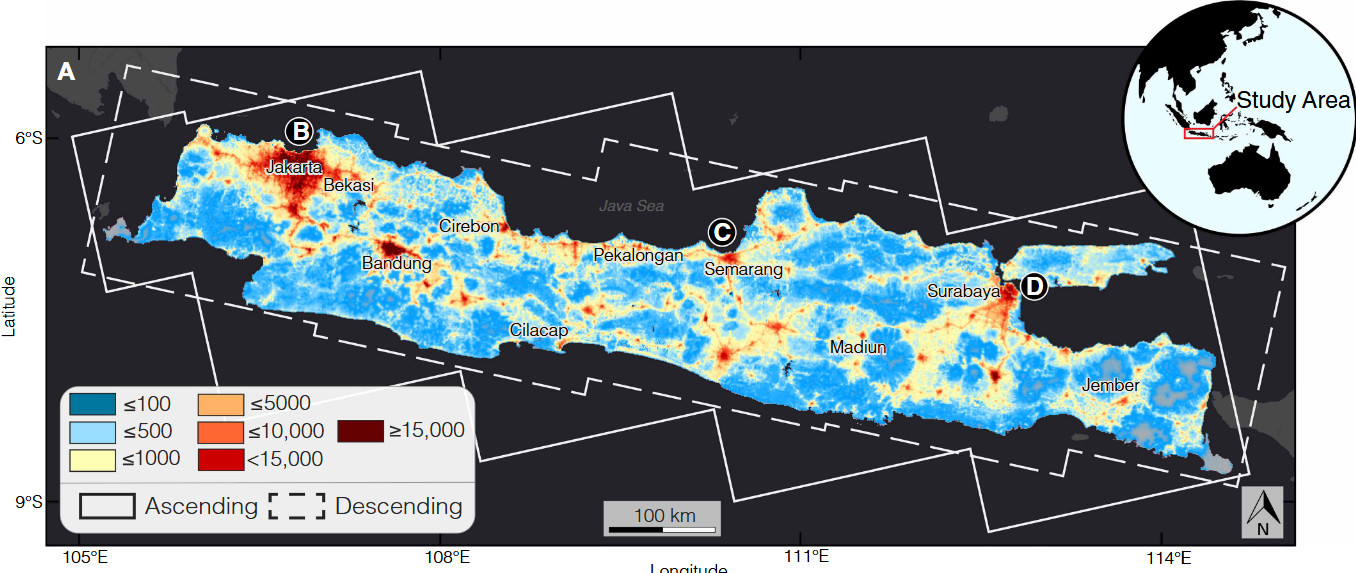 Land subsidence on Java Island and its contributions to relative sea level change