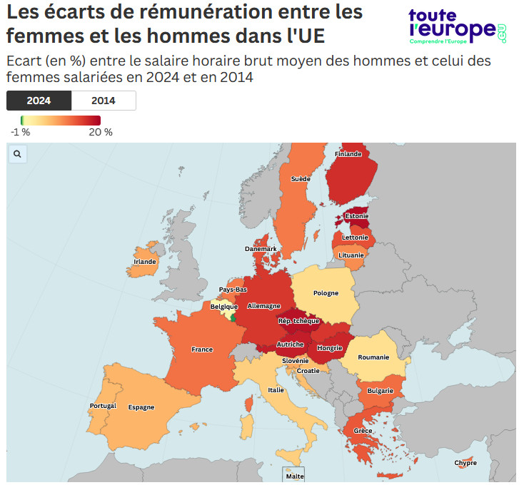 [Carte] Les inégalités salariales entre les femmes et les hommes dans l&rsquo;Union européenne