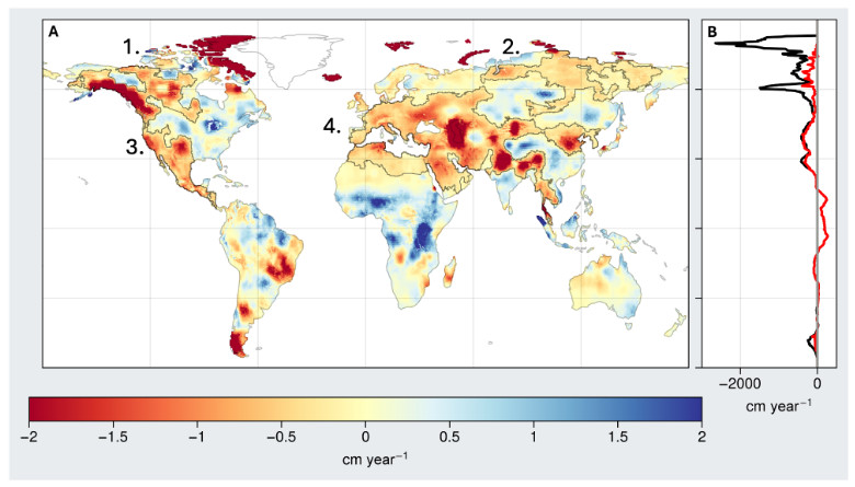 Unprecedented continental drying, shrinking freshwater availability, and increasing land contributions to sea level rise
