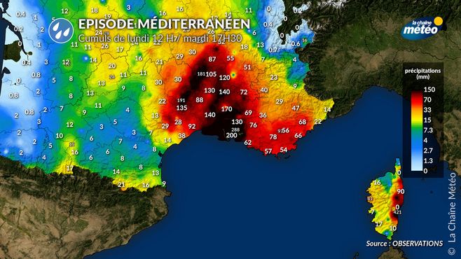 Épisode méditerranéen record : jusqu&rsquo;à 573 mm de pluie en 24 heures à Solenzara (Haute-Corse).